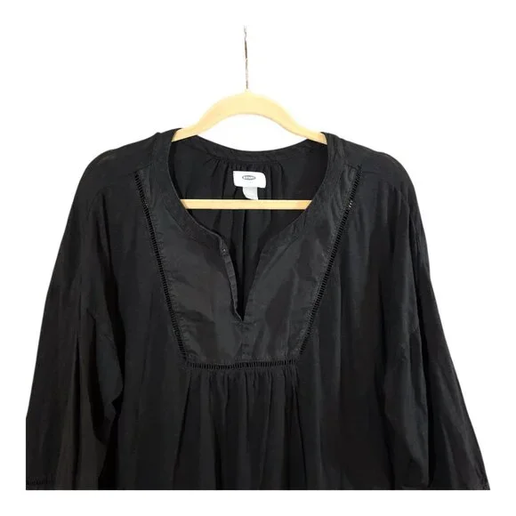 Old Navy Black 3/4 Sleeve Split Neck Ladder Stitch Top Casual Boho Women's XXL - Picture 2 of 6